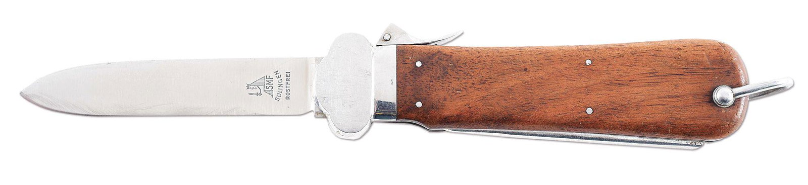 GERMAN WWII LUFTWAFFE AIRCREW GRAVITY KNIFE: Luftwaffe aircrew gravity knife with a "SMF, SOLINGEN, ROSTFREI" marked blade with clear cross graining visible. There are some scattered marks near the edge of the marked blade side, which appear to 