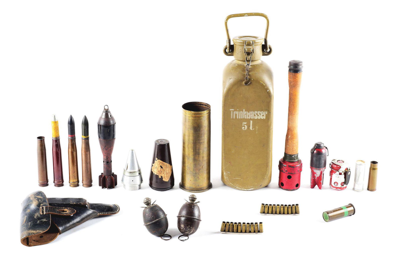 LOT OF 19: GERMAN WWII GRENADES, FLARES, AMMUNITION,: Lot contains: (A) Two inert German WWII M39 Egg Grenades with inert fuse assemblies. CONDITION: Overall good. (B) German WWII M24 training stick grenade marked "bdp. 1941" with red painted head and ca