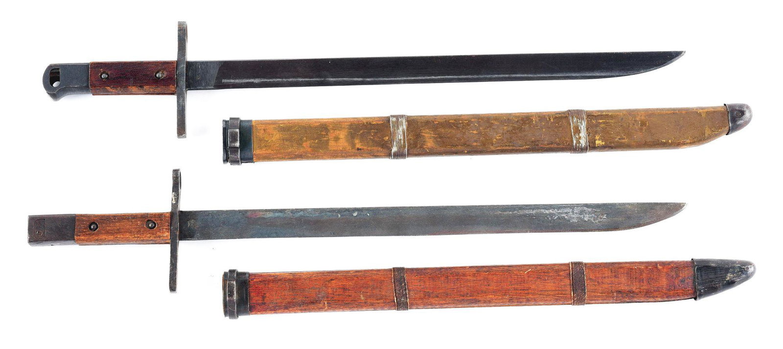 LOT OF 2: WWII JAPANESE LAST DITCH ARISAKA BAYONETS: Lot consists of: (A) Late WWII Japanese Type 30 Arisaka bayonet manufactured by National Denki contained in its original last ditch bamboo scabbard. CONDITION: Blade retains its original arsenal appli