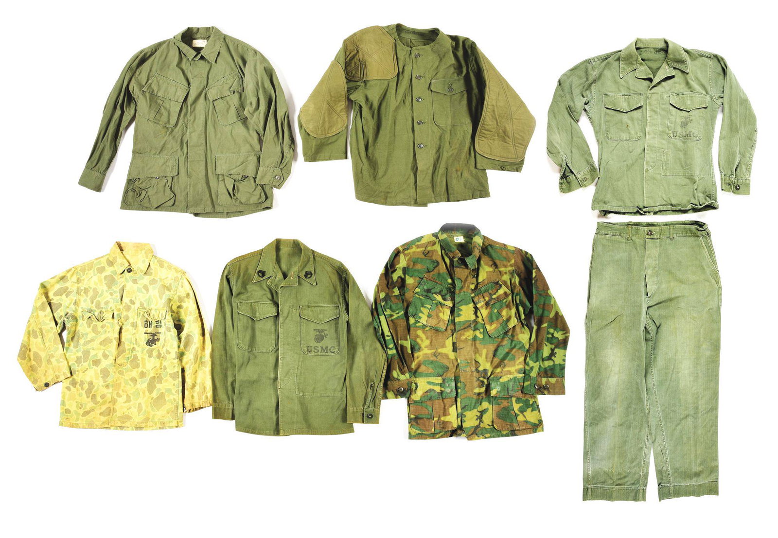 LOT OF 6: POST WWII USMC FATIGUES WITH ROK MARINE: Lot consists of: (A) USMC P53 herringbone twill fatigue jacket with platoon sergeant rank pinned on each collar. CONDITION: Jacket has partial ID over right pocket that has faded. USMC stamp on pocket