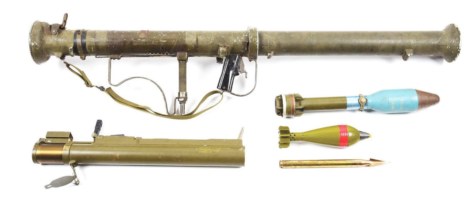 LOT OF 5: INERT M20B1 "SUPER BAZOOKA", M72A2 LAW, AND: Lot consists of (A) Inert M20B1 "Super Bazooka". Launcher tube has been deactivated by drilling seven holes in the bottom to the rear of the shoulder rest. Rear half of the tube is marked with a flami