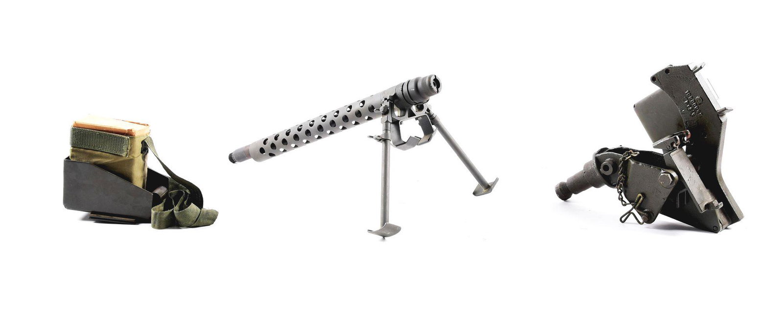 M60 CRADLE WITH CARDBOARD AMMO BOX, DUMMY ROUNDS, &: M60 M142 cradle with long pintle for use on vehicles and pedestal mounts. Cradle features an ammo tray, which can hold 200 round cans of ammunition. Included with this mount is an additional ammo tray