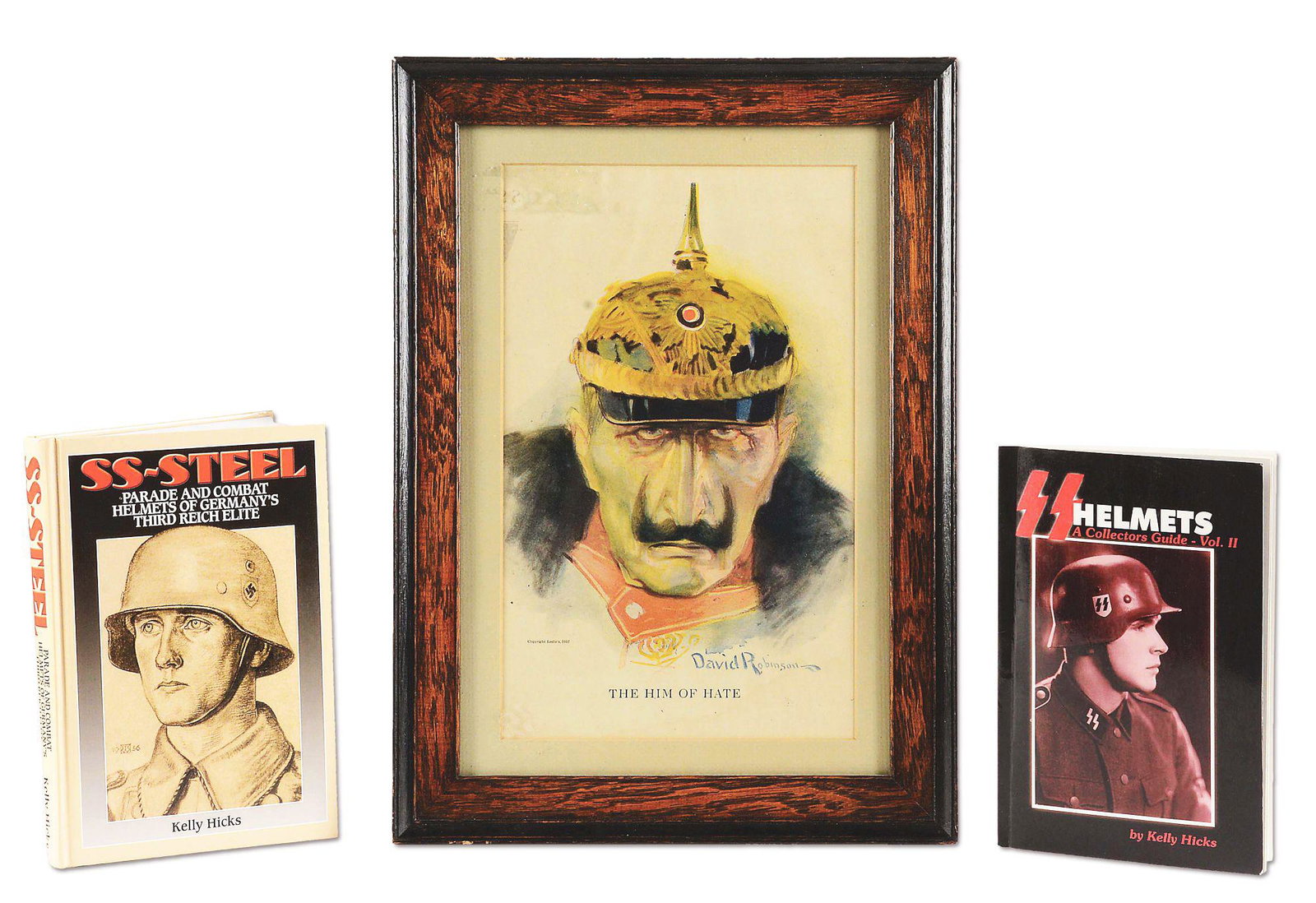 LOT OF 3: 2 SS HELMET BOOKS AND US WORLD WAR I KAISER: Lot contains: (A) 2 books written by the well-known authority on German WWII SS helmets; Kelly Hicks. The hardcover book "SS Steel" which was published in 2004, and the paperback book "SS Helmets; A C