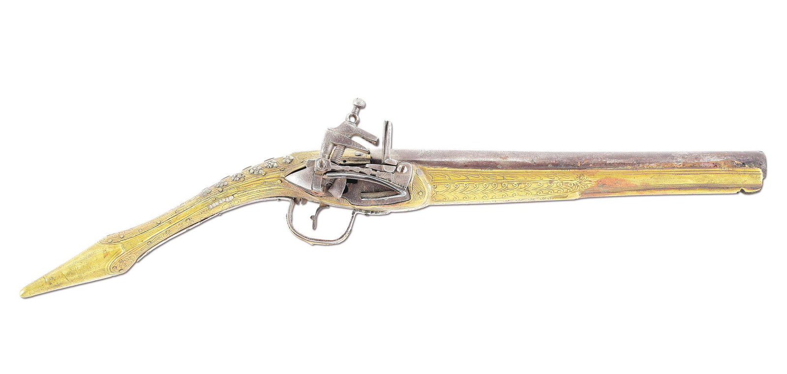 (A) ALBANIAN "RAT TAIL" MIQUELET PISTOL.: Plain steel barrel and lock with light engraving on hammer and other lock parts. Decorated brass stock with metal decorations on grip. CONDITION: Retains a pleasing patina, having been cleaned at some