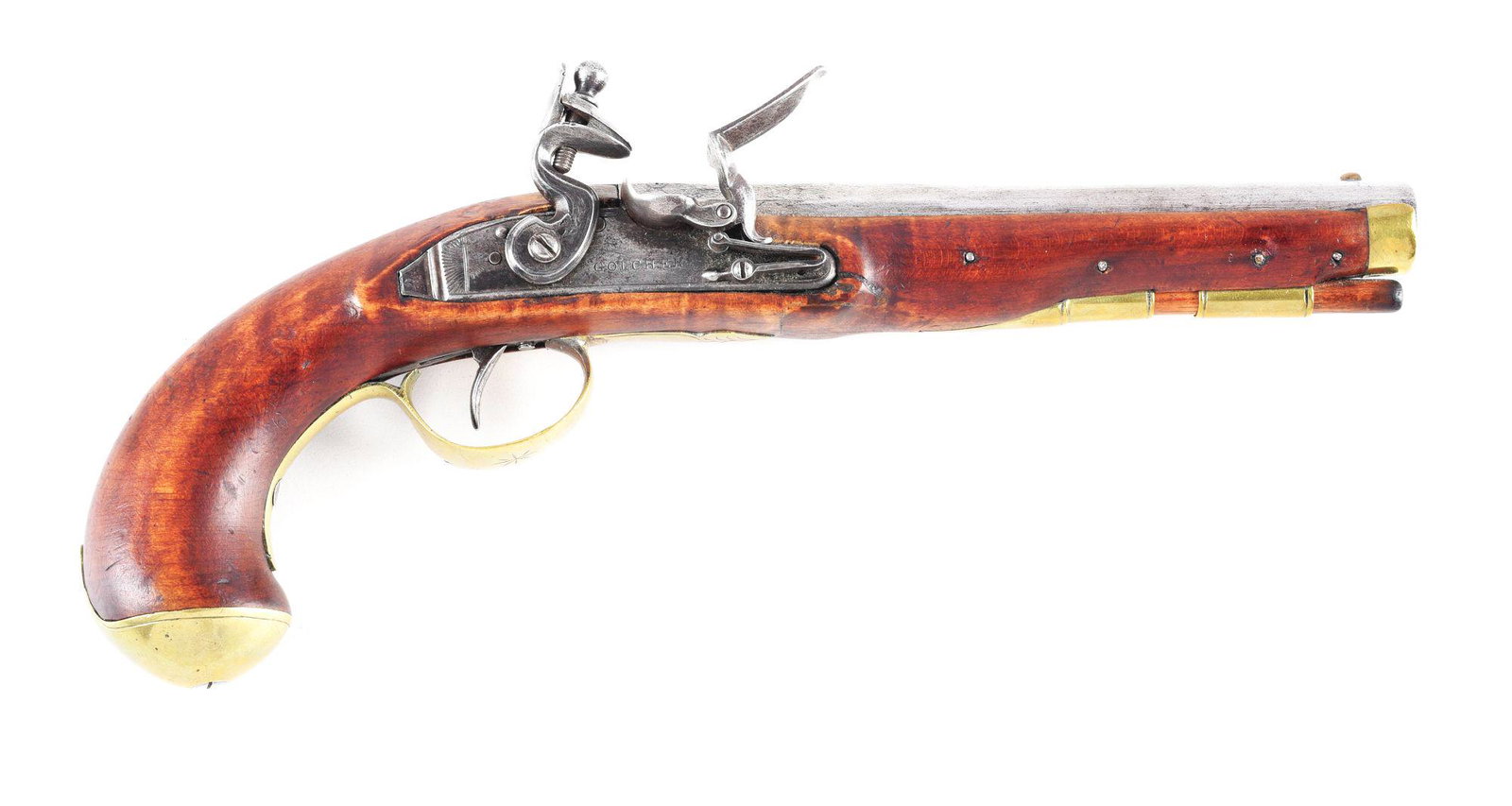 (A) FLINTLOCK KENTUCKY PISTOL WITH GOLCHER LOCK.: The 2 stage barrel is unmarked and has a small brass front sight. The lock is stamped "GOLCHER" in the center and features a roller frizzen. The brass furniture includes a pommel cap, trigger guard wi