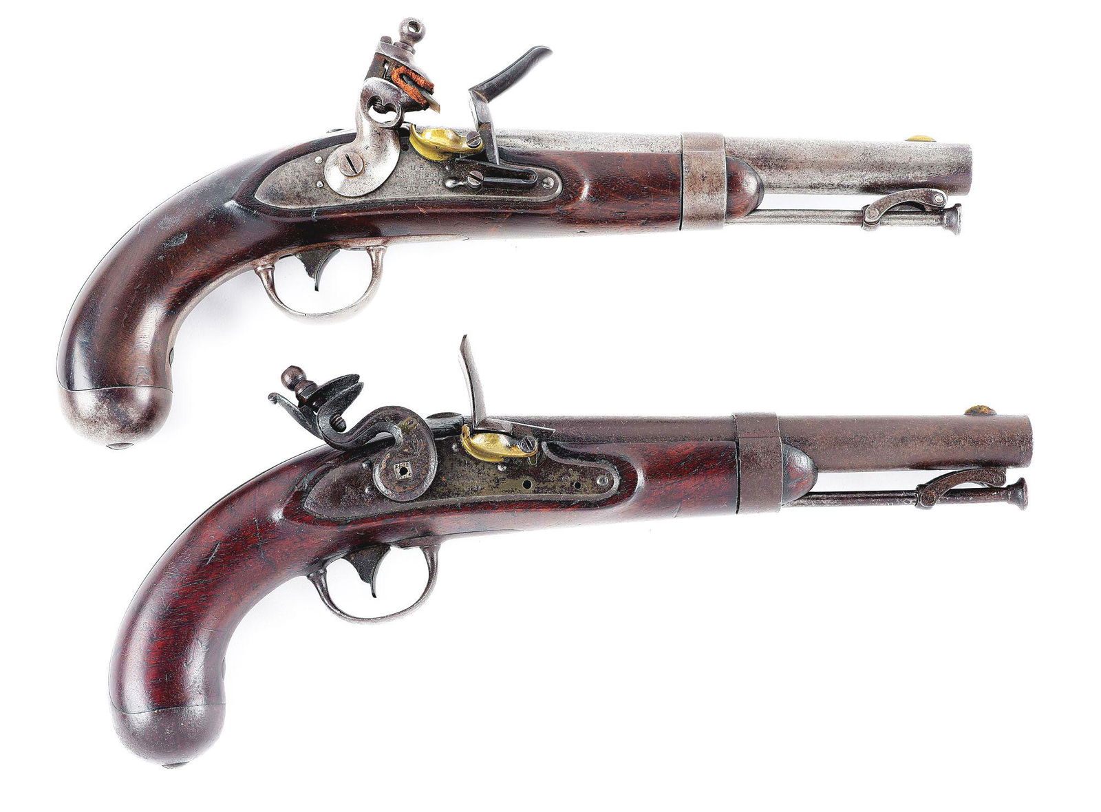 (A) LOT OF 2: R. JOHNSON FLINTLOCK PISTOLS.: Lot consists of: (A) Model 1836 flintlock single-shot smoothbore pistol made in 1837 by Robert Johnson in Middletown, Connecticut. Smoothbore round barrel with brass half moon front sight with "JH" an