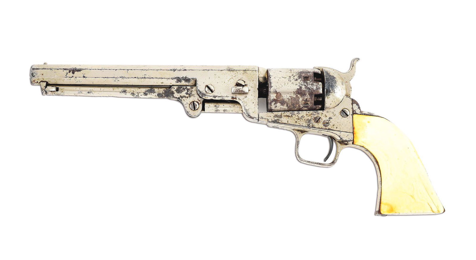 (A) NICKEL PLATED COLT MODEL 1851 NAVY PERCUSSION: 1856 vintage Colt Model 1851 Navy percussion revolver, serial number 59702. 7 - 1/2" .36 caliber octagon barrel with hammer notch rear sight and cone front. Single line Colt New York address on top ba
