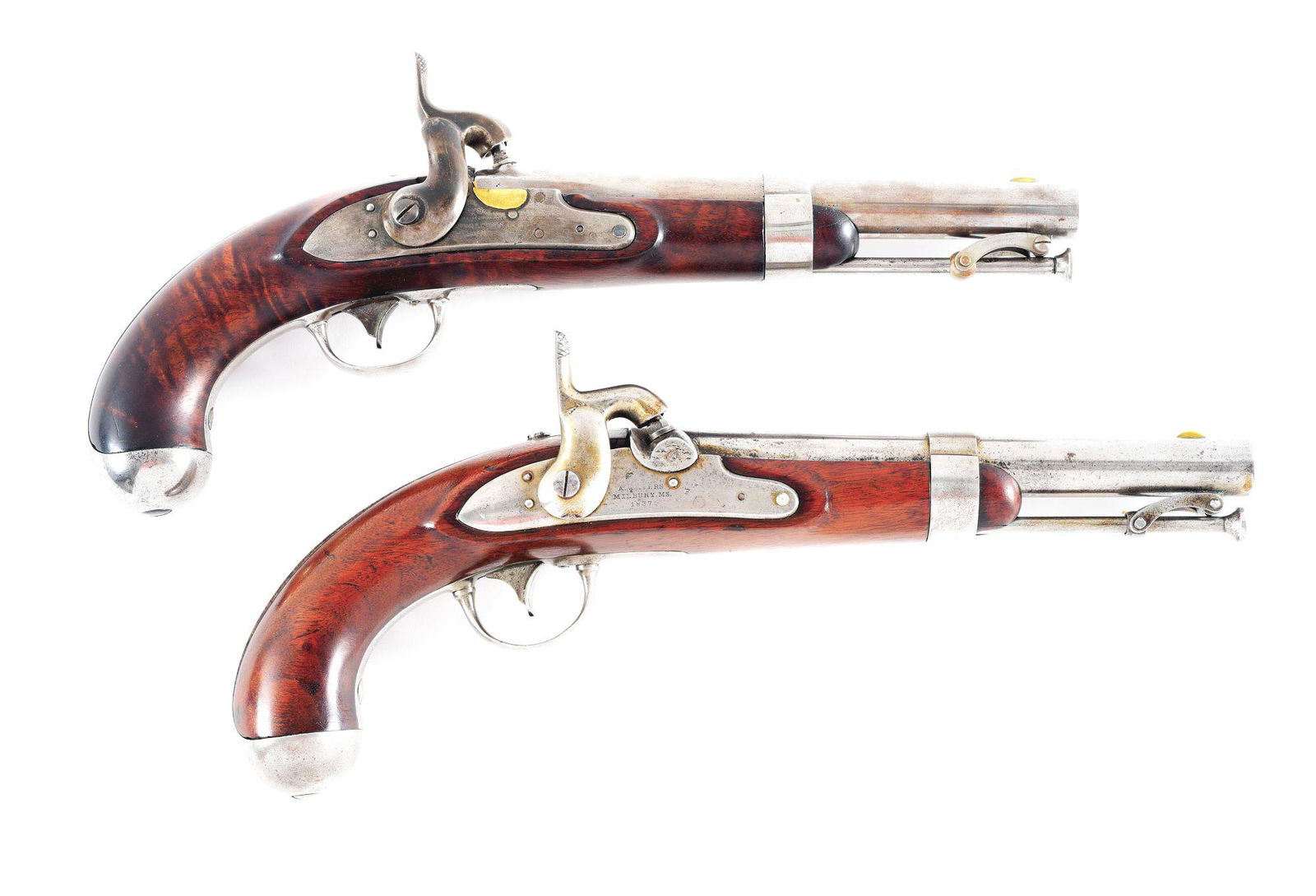 (A) LOT OF 2: PERCUSSION CONVERTED MODEL 1836 MARTIAL: Lot of 2: (A) U.S. Model 1836 Martial pistol made by Robert Johnson of Middletown, CT with 1841 dated lock that has been converted to percussion. 8-1/2" barrel in .54 caliber with 1-piece plain walnut