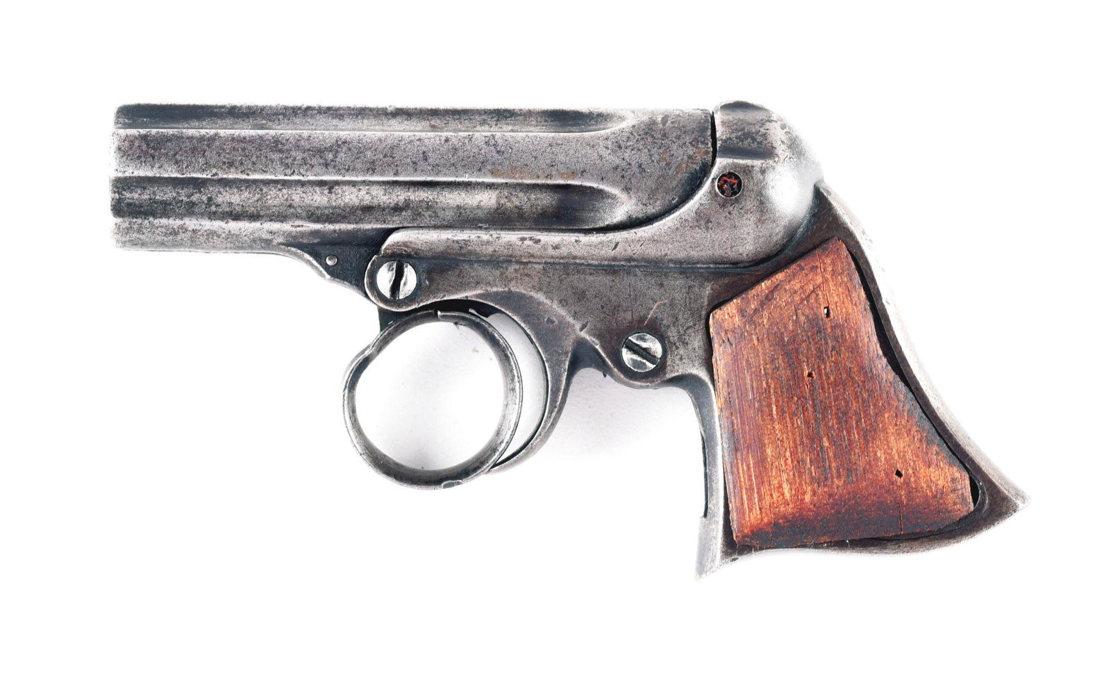 (A) REMINGTON ELLIOT'S PATENT RING TRIGGER PEPPERBOX: Manufactured circa 1863 through the 1870s. 5 shot 3" barrel cluster chambered for .22 rimfire actuated with a rotating firing pin. Blued frame with non-original and ill fitting wooden grip panels. Rig