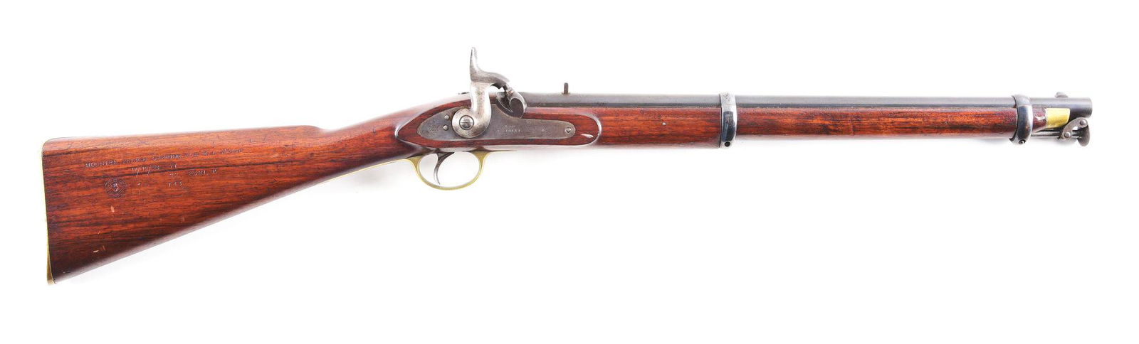 (A) PATTERN EXAMPLE OF AN ENFIELD PATTERN 1858 MOUNTED: English smoothbore percussion cavalry carbine with sling bar and swivel ramrod intended for issue to Indian mounted police. Based upon the East India Pattern 1856 rifled cavalry carbine, this smoothbo