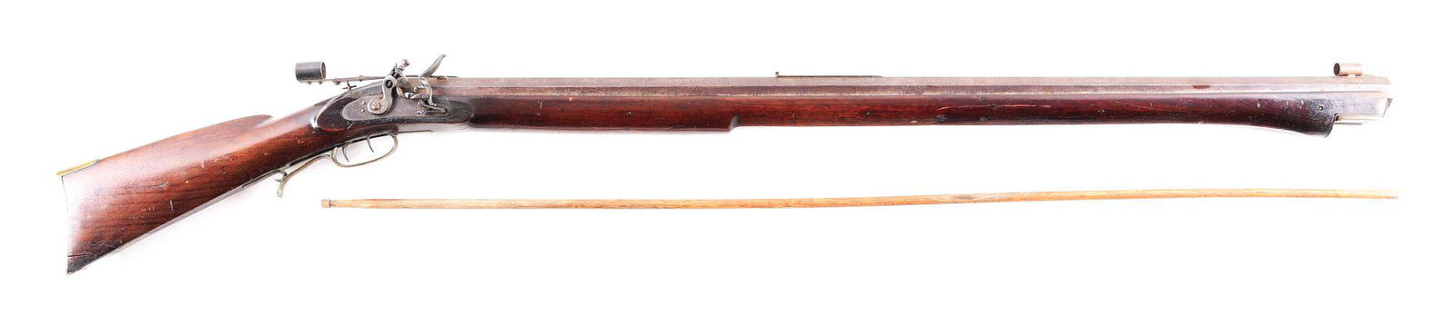 (A) H. HILLEGAS FLINTLOCK TARGET RIFLE.: Henry Hillegas flint lock heavy barreled target rifle made by Hillegas in Harrisburg, Pennsylvania between 1840 and 1883. Full octagon rifled barrel measuring 1 - 1/2" across barrel flats with globe f
