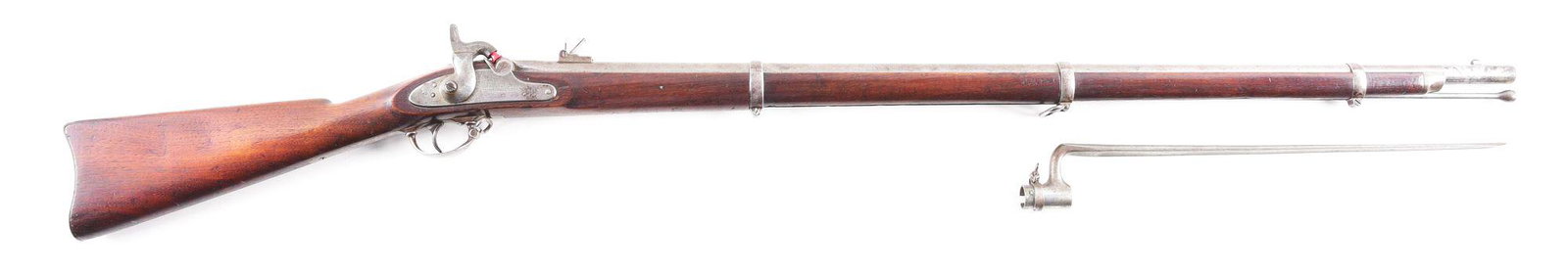 (A) COLT MODEL 1861 RIFLED MUSKET.: Colt Model 1861 percussion rifled musket with lock dated 1862. In the white rifled round barrel with 3 barrel bands. Blade front sight with notched 3 position rear flip sight. "VP" with "Eagle head" p
