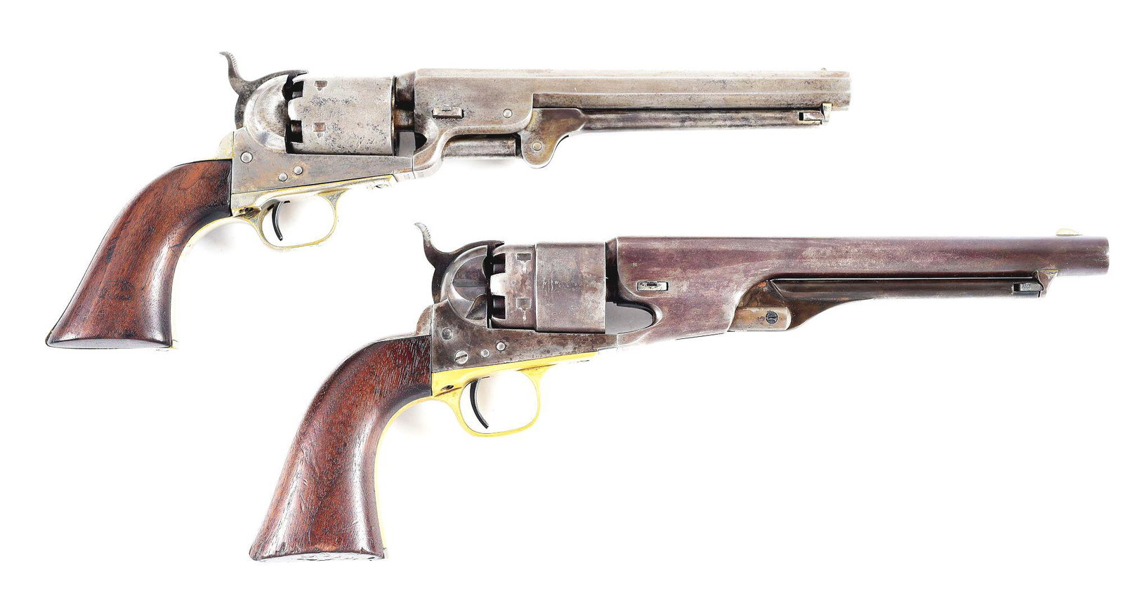 (A) BRACE OF COLT 1860 ARMY AND 1851 NAVY CIVIL WAR: Lot consists of: (A) Manufactured 1857. Colt Model 1851 Navy, caliber .36 with 7-1/2" barrel and Ormsby Naval engagement cylinder scene. The "51" Navy was prized amongst soldiers from both sides of th