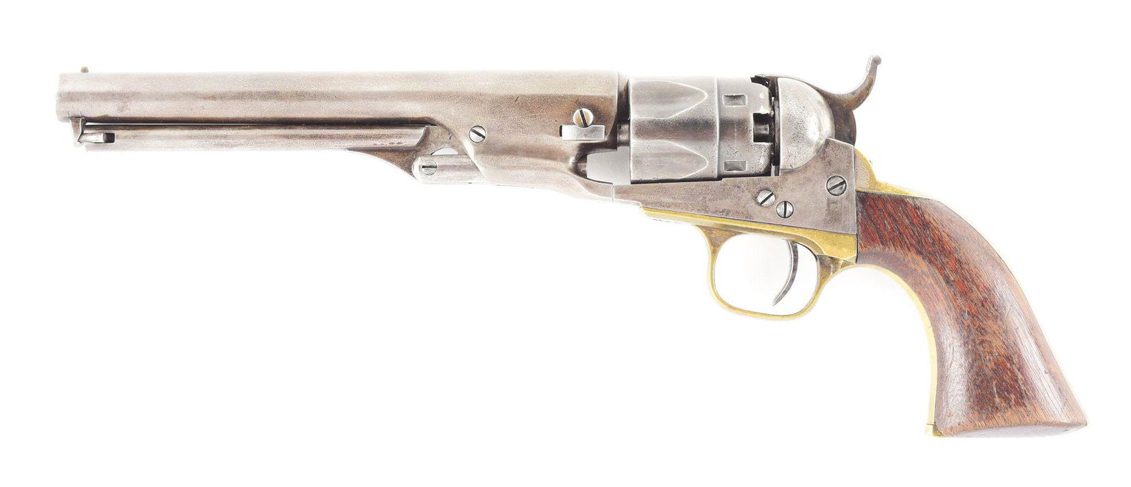 (A) METROPOLITAN POLICE MODEL PERCUSSION REVOLVER.: Metropolitan Police Model percussion revolver manufactured circa 1864-1866 as a copy of the Colt 1862 Police revolver. 6-1/2" .31 caliber round blued barrel and a half fluted 5 shot cylinder. Case har