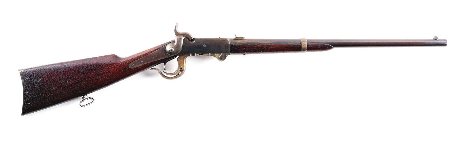 (A) 5TH MODEL BURNSIDE SINGLE SHOT CARBINE.: Classic Civil War percussion breech loading carbine with 21" .54 caliber rifled barrel. Blued barrel witted with rear leaf sight and front blade. Case hardened receiver and breech. Walnut stocks marke