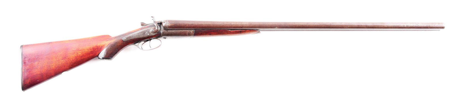 (A) W. RICHARDS SIDE BY SIDE SHOTGUN.: W. Richards side by side hammer shotgun made in England and imported by various hardware stores here in America circa the late 1800's. Damascus barrels with smooth concave rib marked "W. Richards Fine