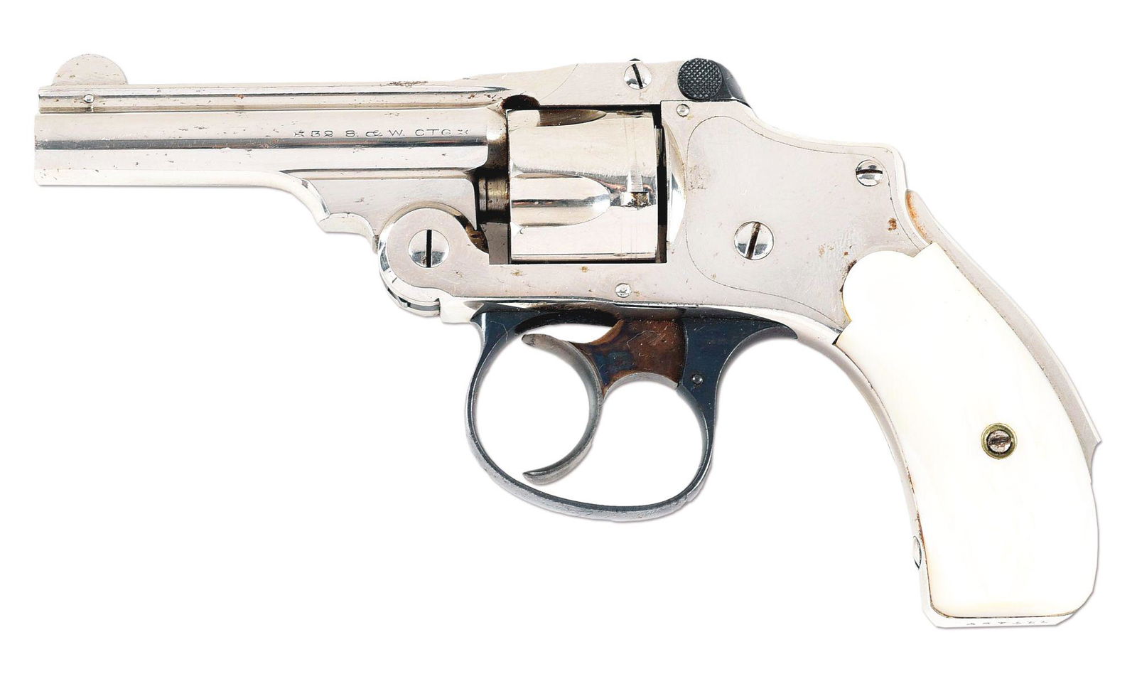 (C) SMITH & WESSON SAFETY HAMERLESS 2ND MODEL.: Smith & Wesson 2nd Model Safety Hammerless, AKA "Lemon Squeezer". Made between 1902 - 1909 with approximately 78,000+ manufactured. Chambered in .32 S&W. 3" fluted full rib barrel with pinned full rad