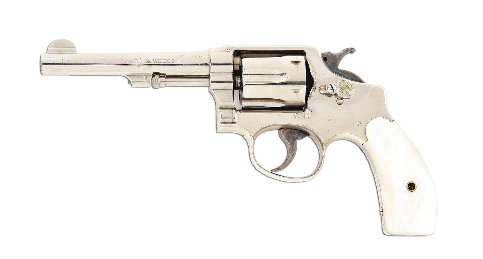(C) SMITH & WESSON M&P DOUBLE-ACTION REVOLVER.: Smith & Wesson Model of 1905 M&P 4th change double action, 6-shot revolver made between 1915 and 1942. 5", nickel-plated, round barrel with blade front sight and notched frame. Nickeled frame with nic