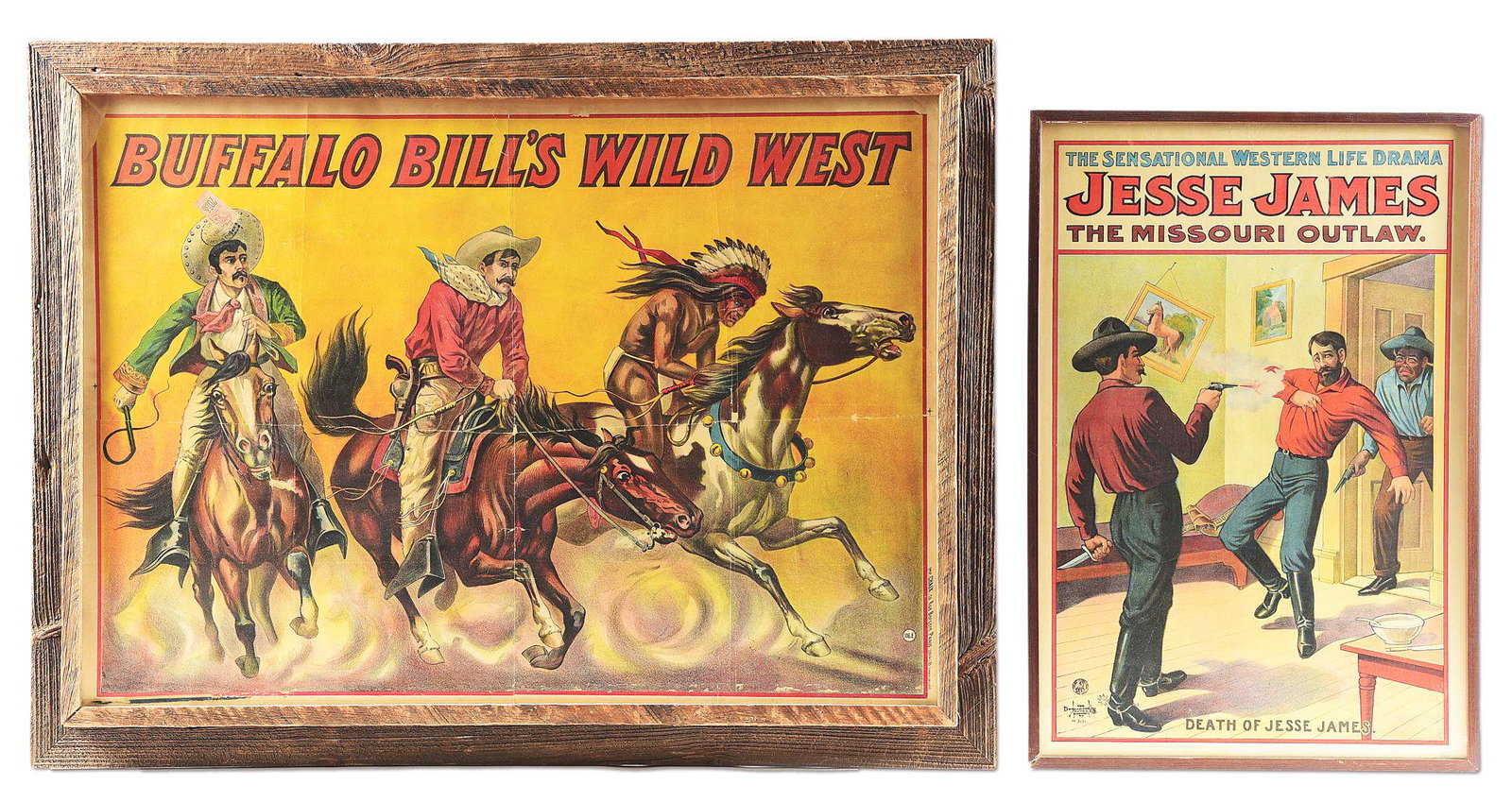LOT OF 2: FRAMED "BUFFALO BILLS WILD WEST" AND "JESSE: A) Colorful show poster titled "BUFFALO BILL'S WILD WEST". Image depicts a Mexican Vaquero, American Cowboy, and a Native American. Right border marked "IMP. CHAIX, 20, RUE BERGE'RE, PARIS 23104-1-05"