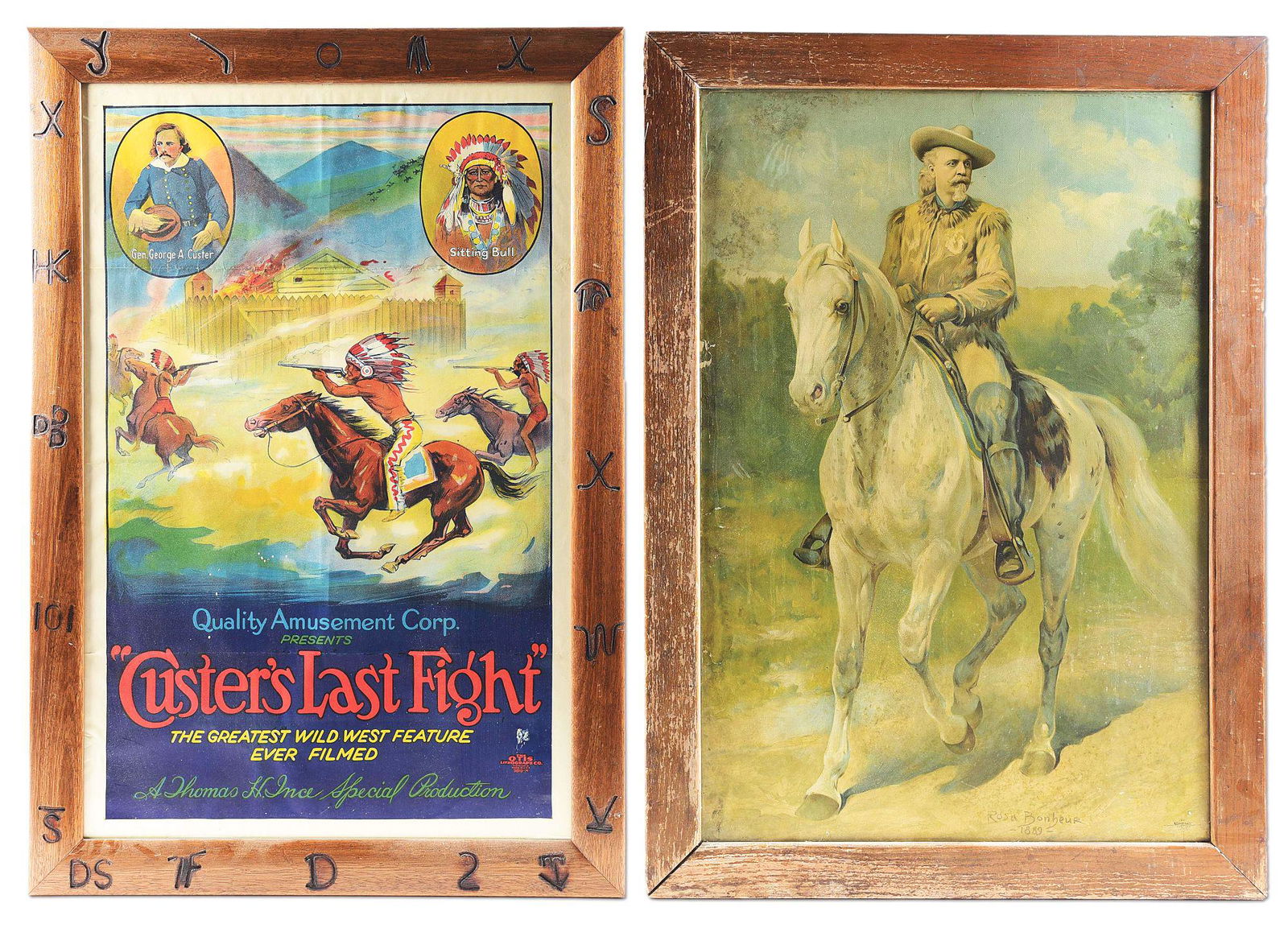 LOT OF 2: FRAMED "CUSTERS LAST FIGHT" MOVIE AND BUFFALO: Lot consists of (A) Colorful early movie poster titled "CUSTER'S LAST FIGHT". Movie was produced in 1912 and was directed by John Ford's older brother Francis Ford. Francis Ford also played in the sta