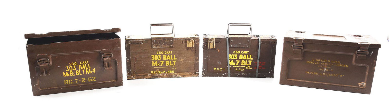 LOT OF 6: 6 WOOD AMMO CRATES OF 3000 ROUNDS OF .303: 6 wooden crates of 250 rounds of .303 British on Cloth belts. 2 loose 250 round crates with 1945 dates and various control stamps. 1 crate had cloth binding already broken and contents examined, other
