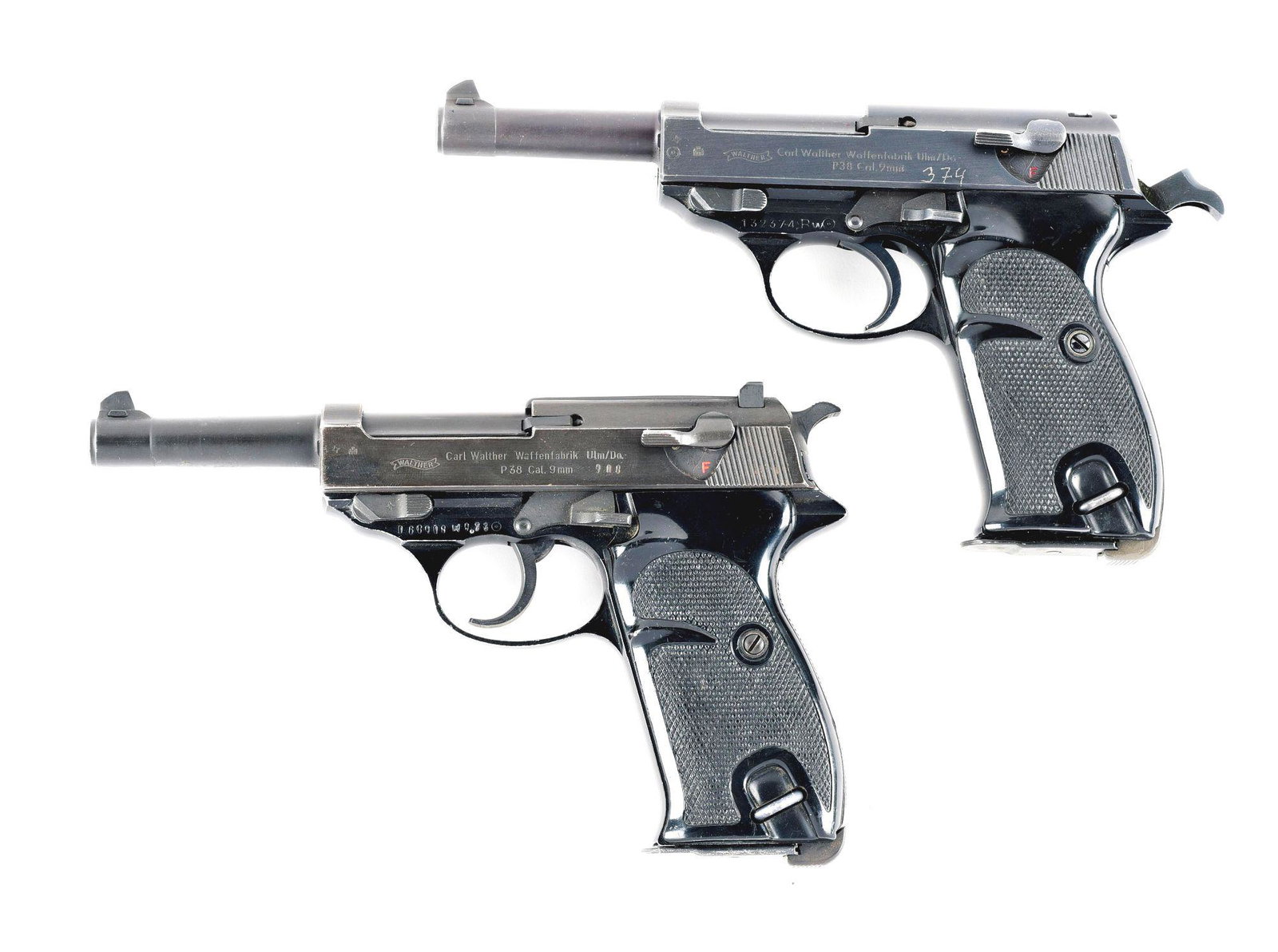 (C) LOT OF 2: WALTHER P38 SEMI-AUTOMATIC PISTOLS.: Lot consist of: (A) Walther P.38 semi automatic pistol. Post war manufacture with a "6/61" date on the right side of the slide. German Bundeswehr proofs on the frame. Import marked on the slide. Match