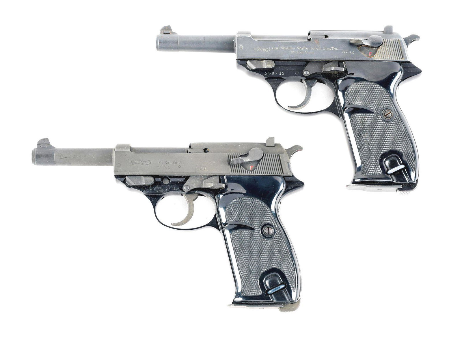 (C+M) LOT OF 2 WALTHER P1 SEMI-AUTOMATIC PISTOLS.: Lot consist of: (A) Walther P1 semi automatic pistol. Post war manufacture with a "8/64" date on the right side of the slide. German military proofs on the frame and slide. Import marked on the slide 
