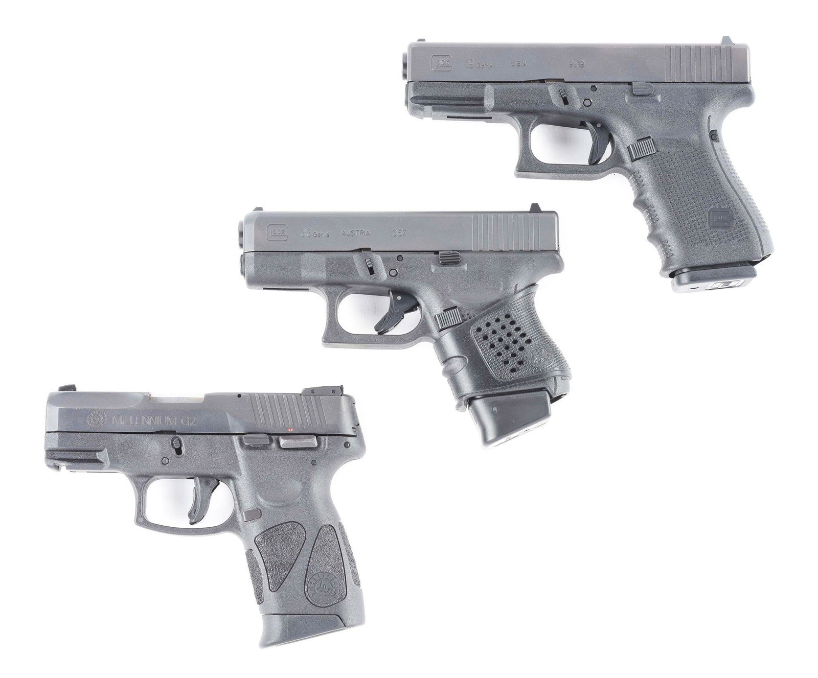 (M) LOT OF 3: GLOCK AND TAURUS SEMI-AUTOMATIC PISTOLS.: Lot consists of: (A) Glock 19 Gen 4 semi automatic pistol. Fitted with standard 4" barrel for 9mm Para. Matte finished slide with white outline sights on polymer frame. Complete with 3 magazines. COND