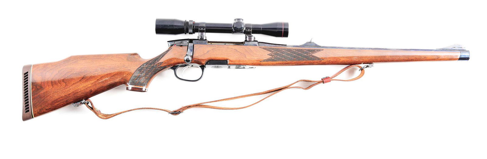 (M) STEYR-MANNLICHER M BOLT ACTION RIFLE.: Steyr-Mannlicher Model "M" full stock rifle made in Austria by Steyr Arms from 1968 to 1996. Blued round tapered hammer forged twist barrel with ramp front sight and slanted notched rear sight. Blued