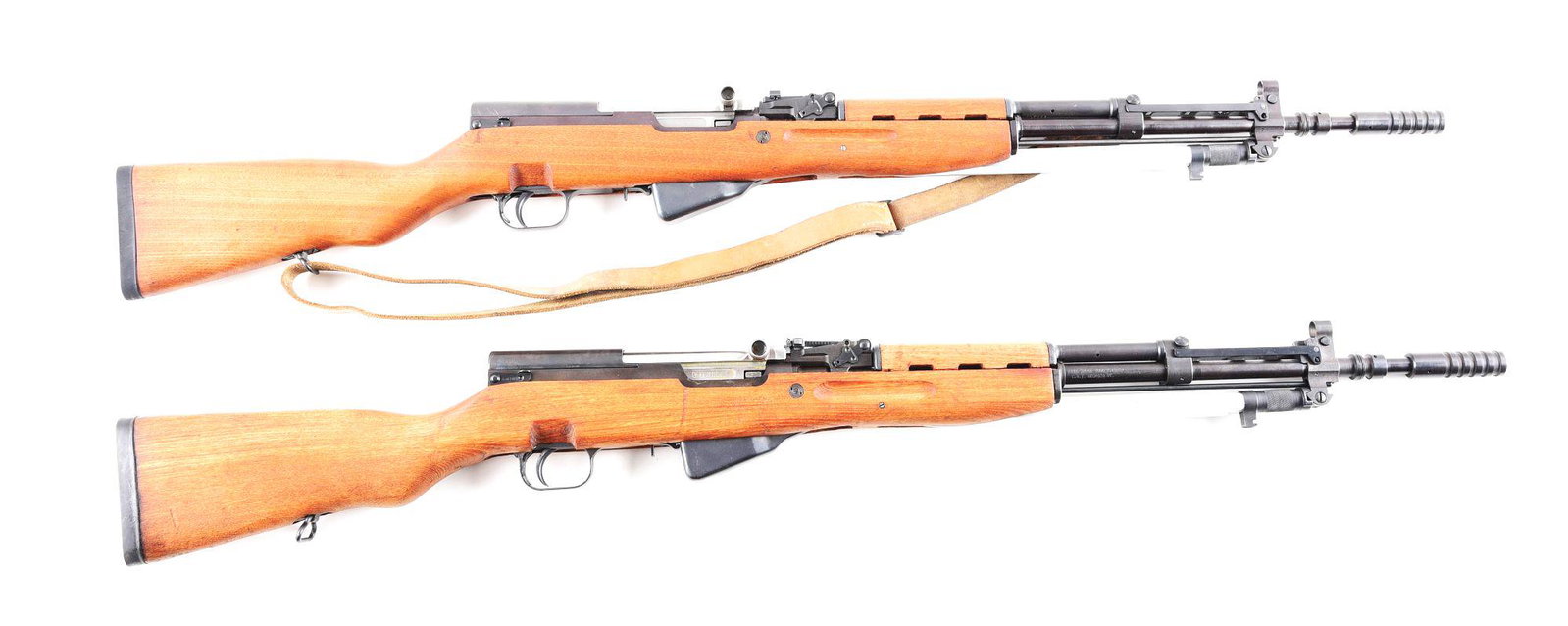 (M) LOT OF 2: YUGOSLAVIAN 59/66 SEMI AUTOMATIC RIFLES.: Lot consists of 2 Yugoslavian 59/66 SKS rifles: (A) Standard configuration with grenade launcher barrel and ladder sight, in addition to hooded front post and ghost ring rear sight. 2 piece wood stock