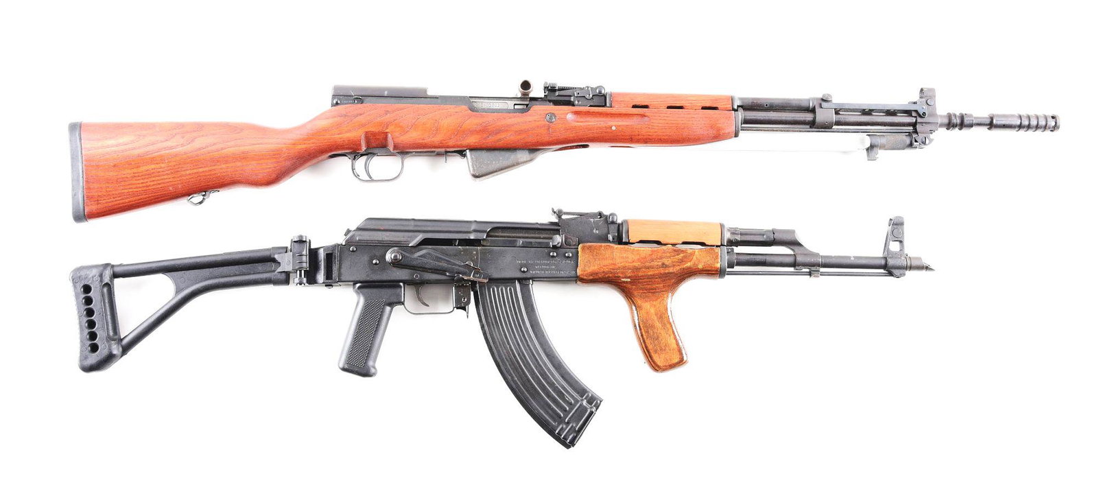 (M) LOT OF 2: YUGO 59/66 AND ROMANIAN WASR-10 SEMI: Lot consists of: (A) Yugoslavian Model 59/66 SKS rifle. Import marked grenade launcher barrel chambered for 7.62x39mm with flip up launcher sights in addition to standard hooded front sight and tangen