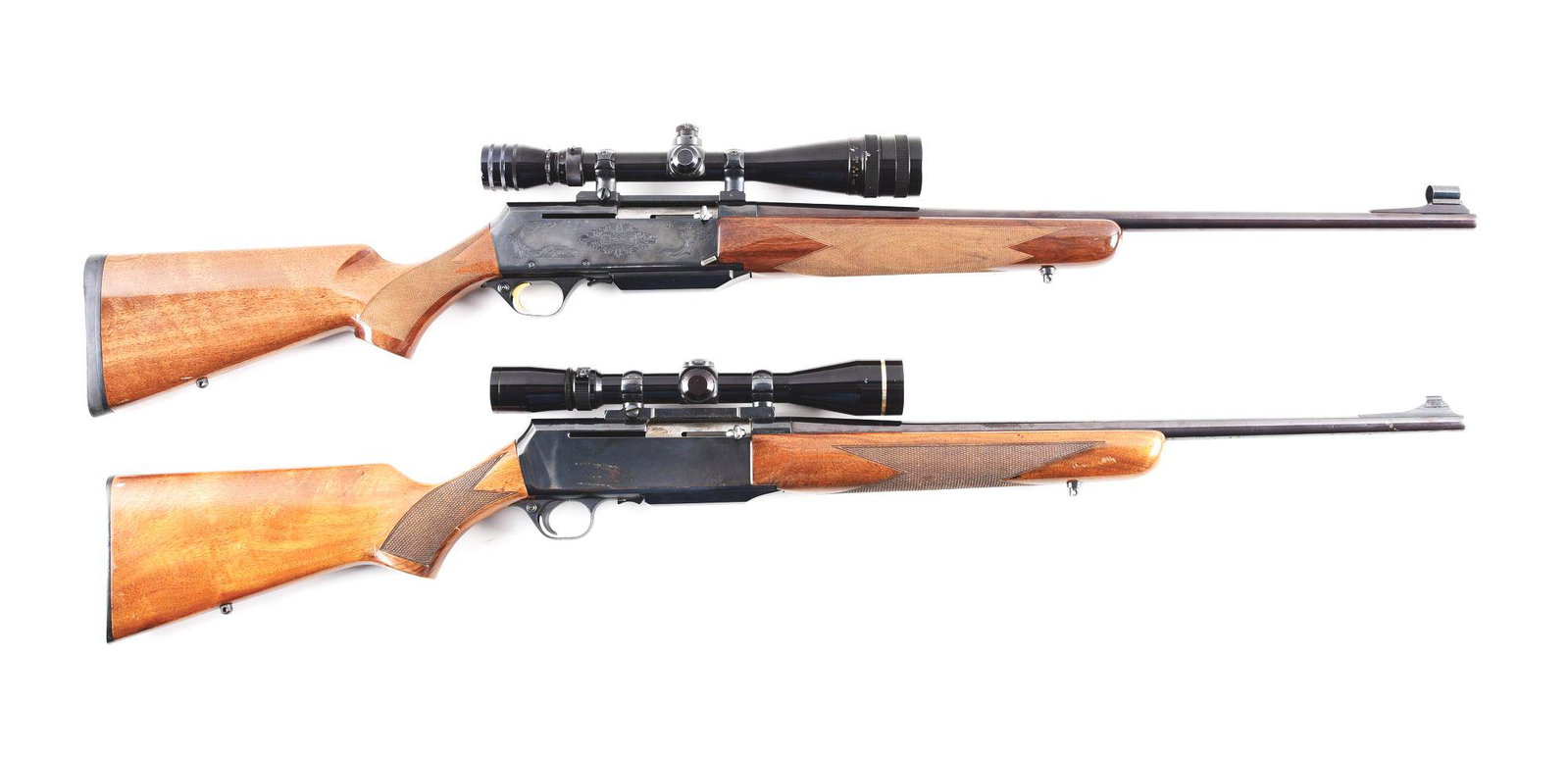 (M) LOT OF 2: BROWNING BAR SEMI-AUTOMATIC RIFLES.: Lot consist of: (A) Browning BAR II Safari Grade semi automatic rifle. Made 1992 in Belgium before being assembled in Portugal. Non detachable magazine. Round steel barrel with hooded blade front sigh