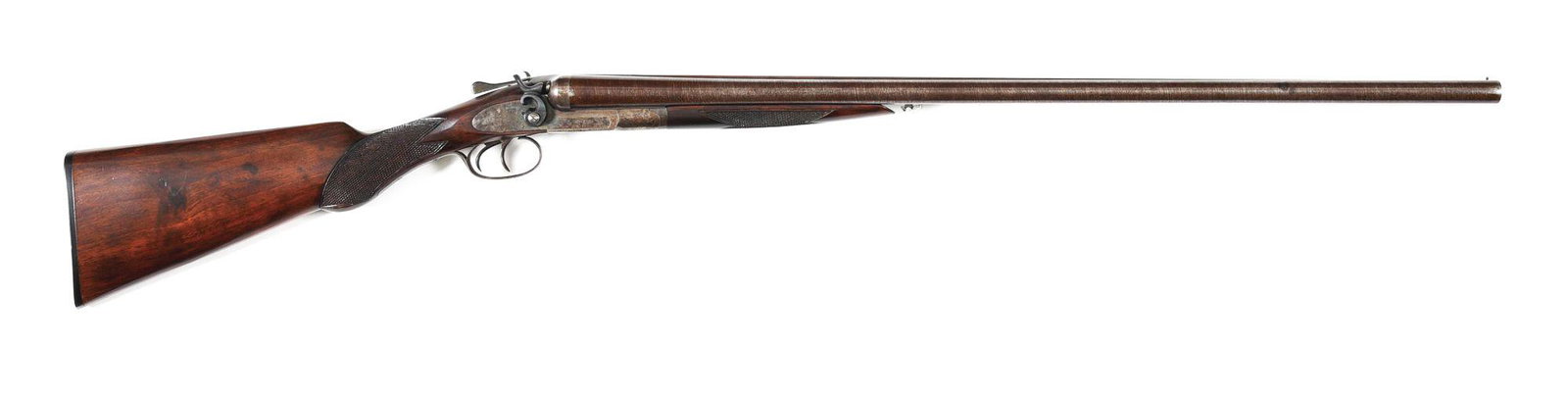 (C) L.C. SMITH HAMMER SIDE BY SIDE SHOTGUN.: L. C. Smith "Quality 1" hammer side by side shotgun made by the Hunter Arms Company in Fulton, New York in 1900. Twist steel barrels with matted rib and bead front sight with left barrel marked "Hunte