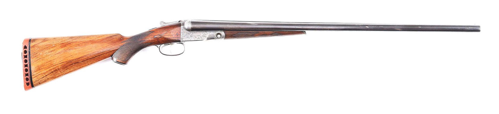 (C) PARKER DH 12 GAUGE SIDE BY SIDE SHOTGUN.: Parker Brothers manufactured "DH" Grade made in 1920. Titanic steel barrels with matted rib, bead front sight, and extractors. Case colored No. 1 frame with "DH" dog and floral design engraving, doubl