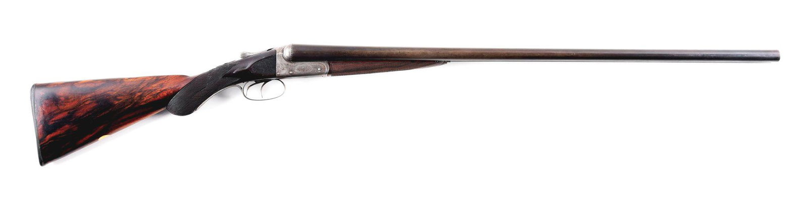 (A) CASED WILLIAM POWELL BOX LOCK SIDE BY SIDE SHOTGUN.: Dovetail lump barrels with doll's head rib extension and single steel bead on tapered slightly concave matte rib. Barrels signed "Sir J. Whitworths / Fluid Pressed Steel". Rib signed "William Powell &