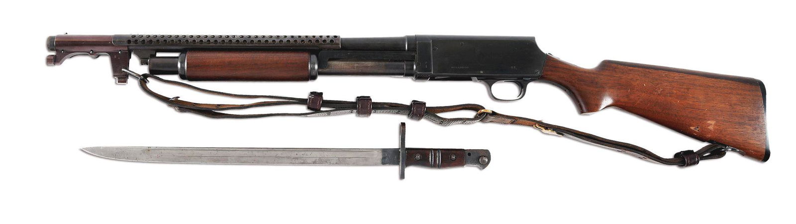 (C) STEVENS MODEL 520-30 SLIDE ACTION TRENCH GUN.: J. Stevens Arms & Tool Company Division of Savage Arms Model 520-30 slide action "Trench" gun made between 1940 and 1948. Blued 20" barrel with correct "6" hole blued heat shield. Correct "S" marked "