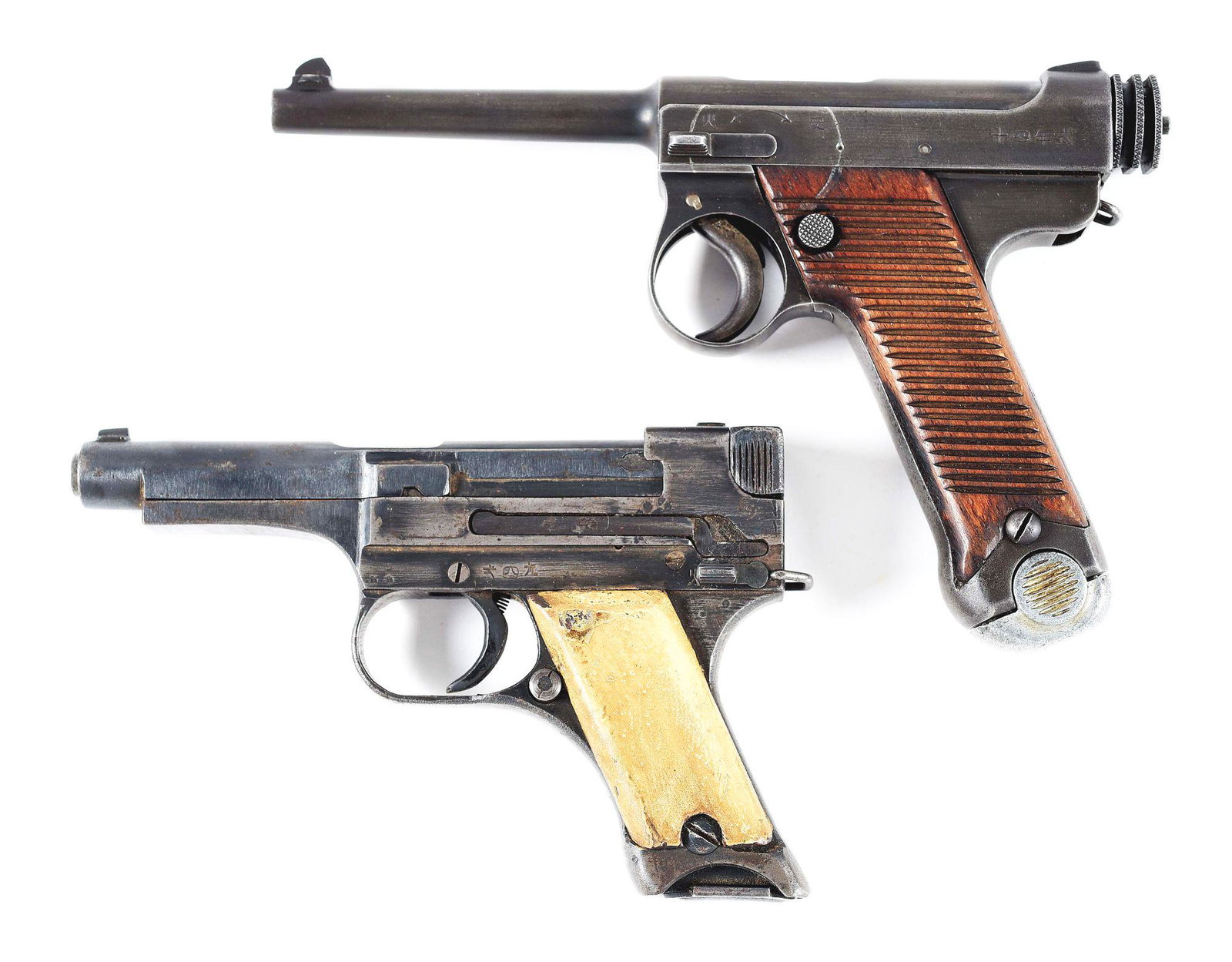 (C) LOT OF 2: JAPANESE TYPE 14 NAMBU AND TYPE 94: Lot consists of (A) Type 14 manufactured at Tokyo Arsenal in December of 1929. Small variation trigger guard, with a grooved cocking knob, and grooved two piece wood grips. Matching numbers include th
