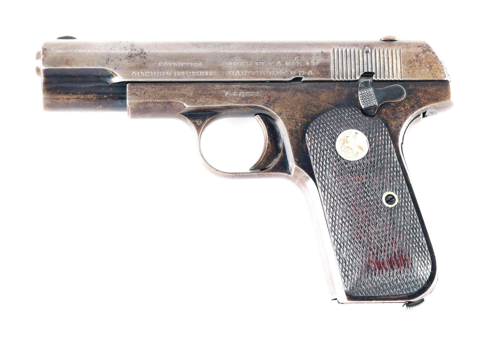 (C) COLT MODEL 1903 POCKET HAMMERLESS SEMI AUTOMATIC: Colt Model 1903 Pocket Hammerless semi automatic pistol. Made 1914. Rampant Colt pony on the left side of the slide with the standard patent dates. Blade front sight with U-notch rear. Original finish