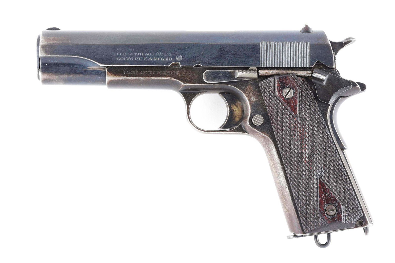 (C) COLT 1911 .45 ACP SEMI-AUTOMATIC PISTOL WITH SAVAGE: Colt Army Model 1911 semi-automatic pistol made in 1918. Blued replacement slide marked with Colt's patent dates and stamped with "S" in flaming bomb on left side of slide for A.J. Savage of San Diego