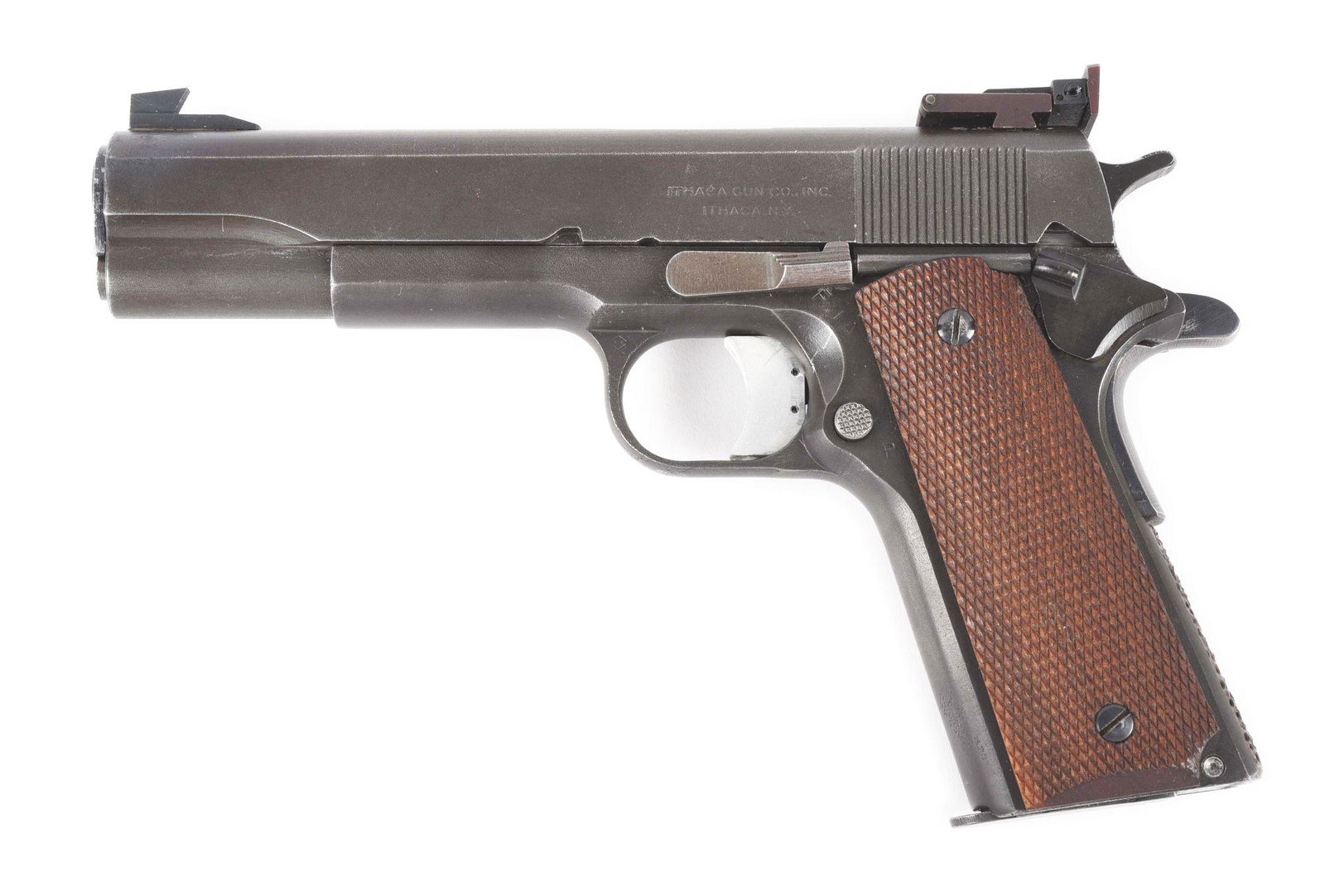 (C) ITHACA MODEL 1911A1 NATIONAL MATCH SEMI-AUTOMATIC: Kensight adjustable rear sight, tall smooth undercut front sight. Normal Ithaca legends on slide. Barrel with National Match code (7791193) on top of chamber, "MP" on left lug, "MA" on right, bushing