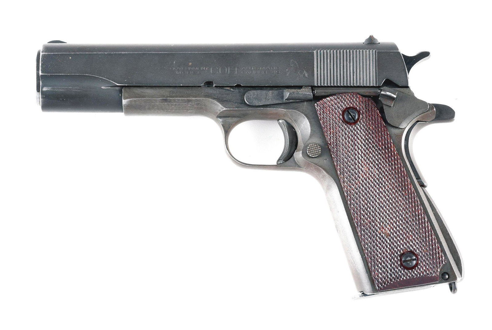 (C) COLT GOVERNMENT MODEL 1911 SEMI AUTOMATIC PISTOL.: Colt Government Model 1911A1 semi automatic pistol. Frame made 1919, with the slide looking to have been made later and being commercial. Left side of the frame is marked "COLT'S MFG CO. HARTFORD CT. 