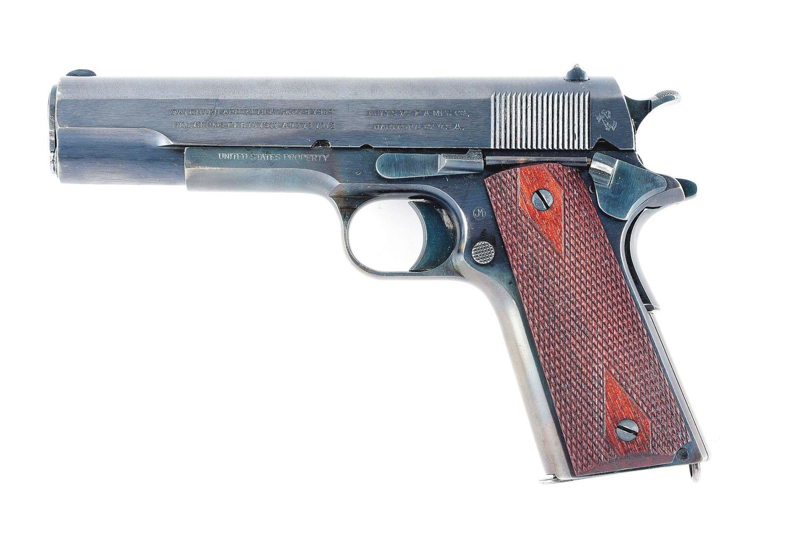 (C) COLT MODEL 1911 SEMI-AUTOMATIC PISTOL (1918).: Manufactured 1918. Half moon front sight, U notch beveled rear sight. Right side with "MODEL OF 1911 U.S. ARMY", 2 line 2 block patent dates and information in serif font, Rampant Colt at rear. "H" st