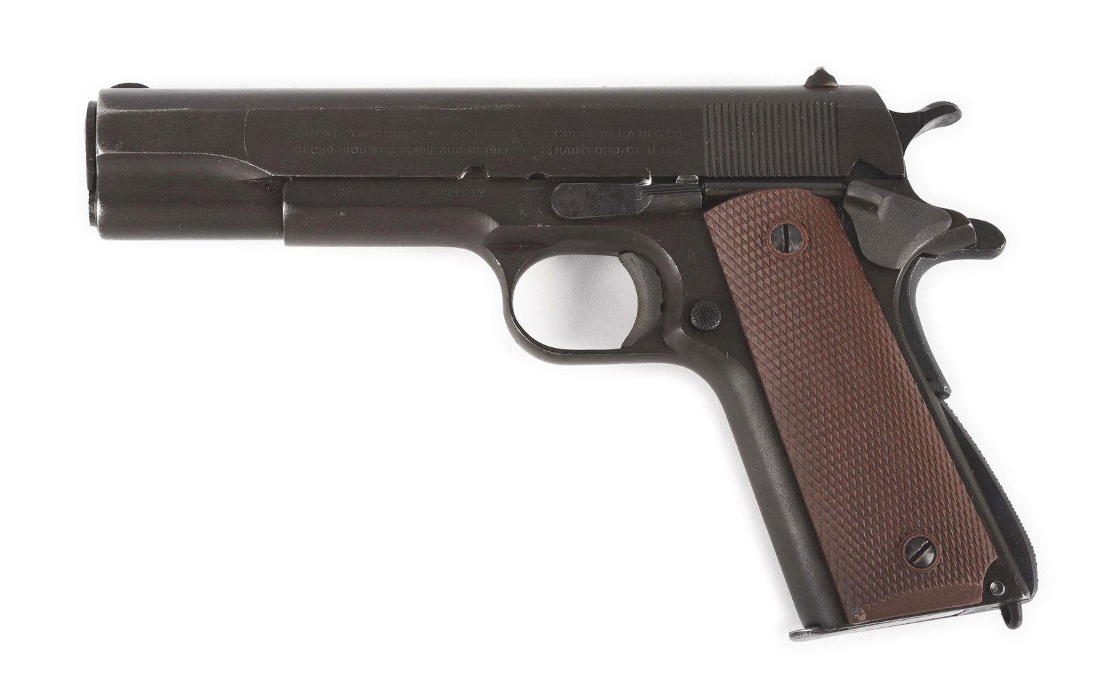 (C) COLT 1911 SEMI-AUTOMATIC PISTOL REBUILT AT AUGUSTA: Half moon front sight, square notch rear sight. 2 line 2 block patent and address information with intercepting pony. "MODEL OF 1911. U.S. ARMY". Barrel with P proof on left lug. Serrated slide releas
