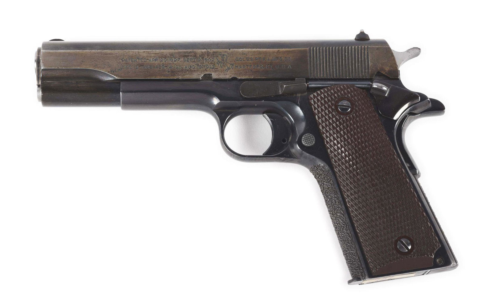 (C) A COMPOSITE COLT MODEL 1911A1 SEMI-AUTOMATIC PISTOL: Half moon front sight, square notch rear sight. Barrel with "-COLT 45 AUTO-" legend on top of chamber, "MODEL OF 1911. U.S. ARMY" on right side of slide, and 2 line 2 block patent and address informat