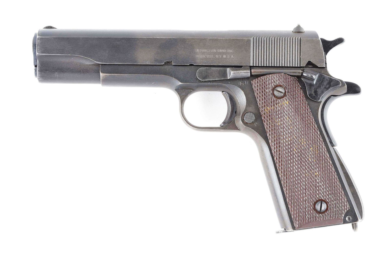 (C) REMINGTON RAND 1911A1 .45 ACP SEMI-AUTOMATIC: Model 1911A1 manufactured by Remington Rand Inc. Syracuse, New York, made in 1943. Parkerized slide with Remington Rand address on left side and "P" proofmark on top in front of rear sight. Correct si