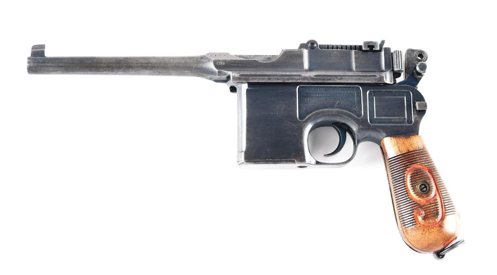 (C) MAUSER C96 BROOMHANDLE "RED 9" SEMI AUTOMATIC: Mauser C-96 Broomhandle "Red 9" semi automatic pistol. Prussian contract made circa 1916. Commercial "(Crown) / U" proof on the left side of the frame with a military proof on the right. Right side of