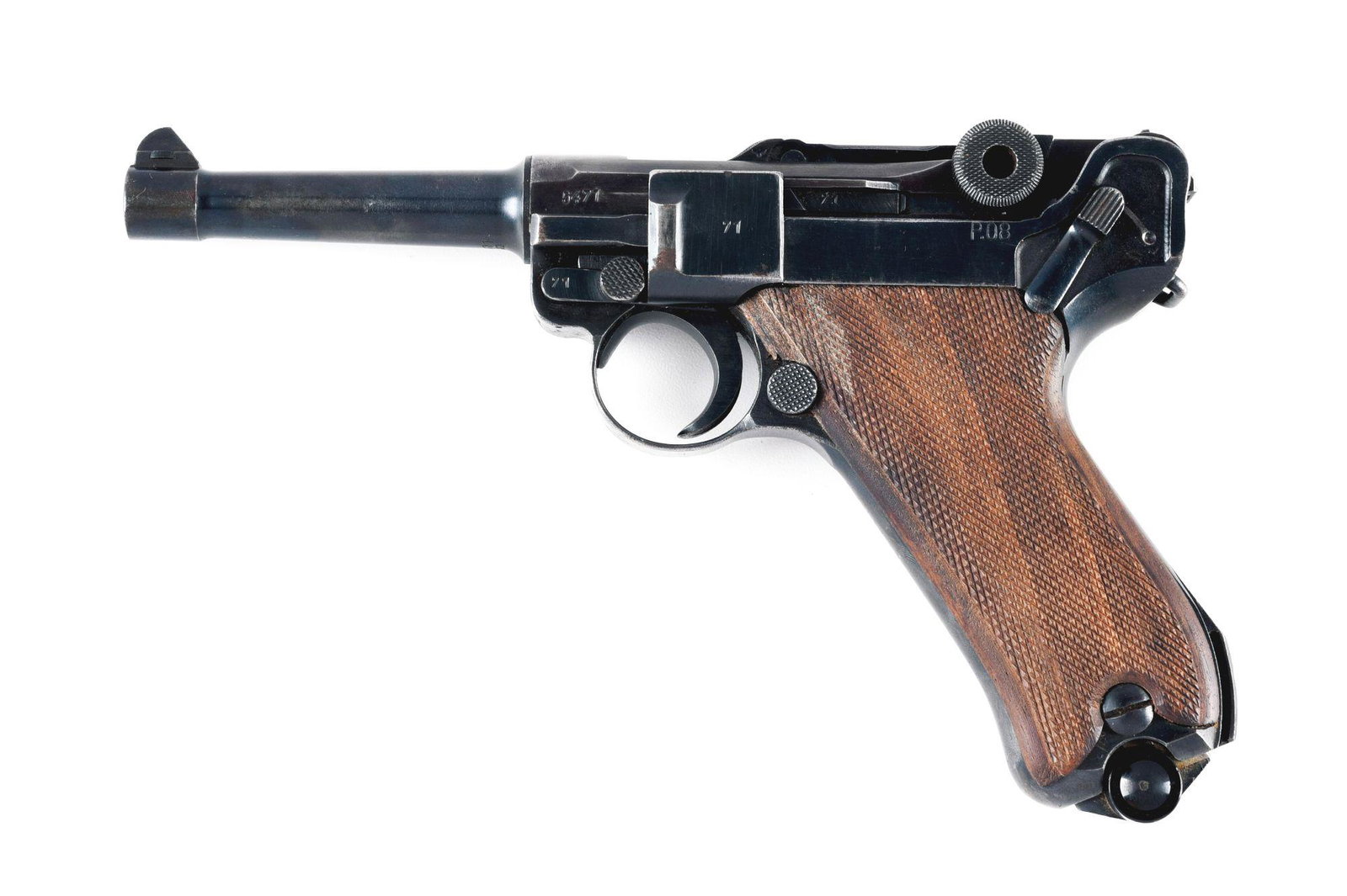(C) MAUSER P08 LUGER SEMI-AUTOMATIC PISTOL.: Mauser P.08 Luger semi automatic pistol. "byf" code for Mauser, with a "41" dated chamber. No import mark. "(Eagle) / 655" proofs on the right side of the slide. Serial numbers on all external compone