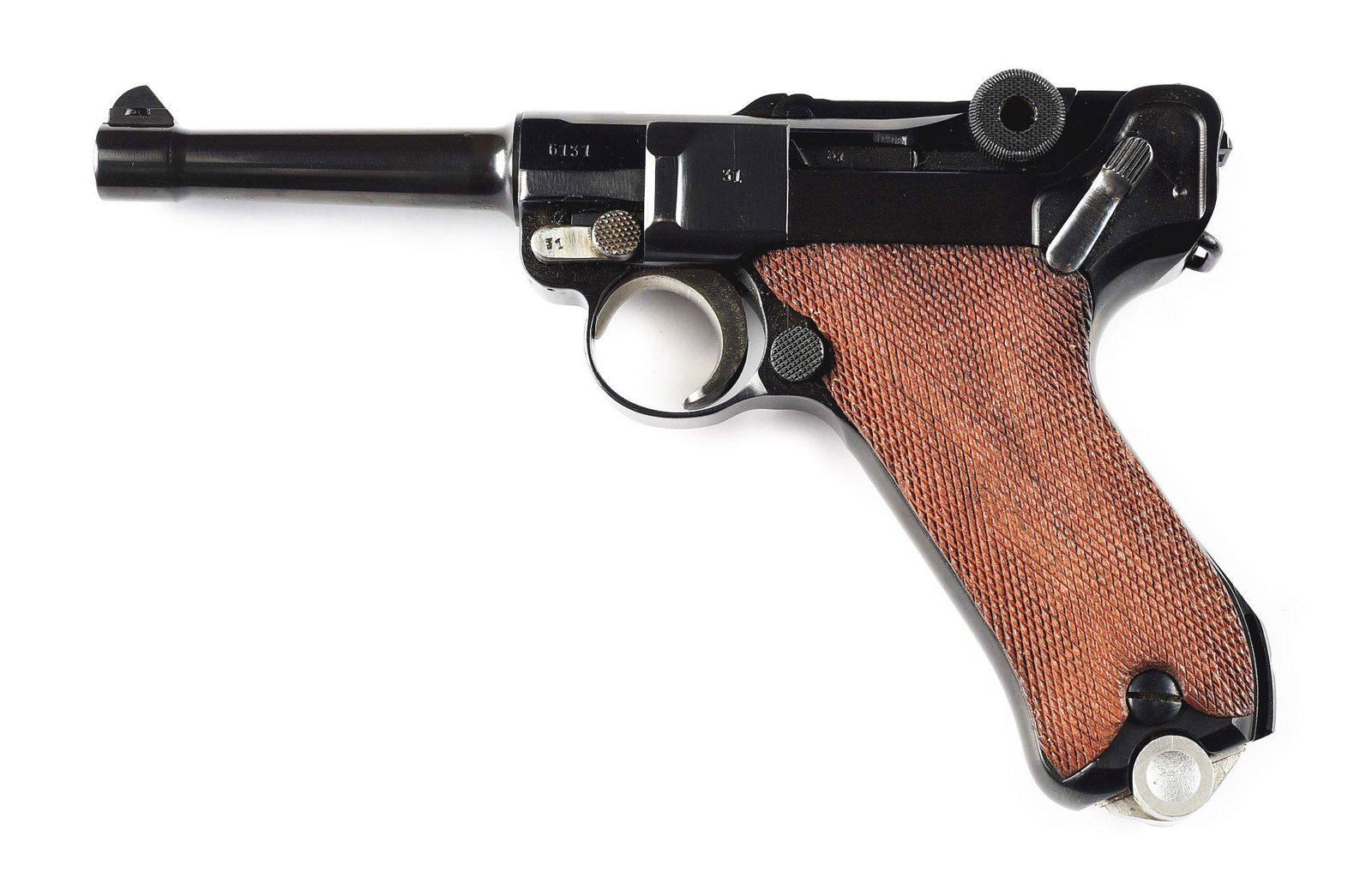 (A) MAUSER 1940 42 CODE SEMI-AUTOMATIC PISTOL.: Manufactured by Mauser for the German Army. This gun has the 42 code marked front toggle link with a chamber date of 1940. Safety is marked "GESICHERT" in the upper position. Extractor is marked "GELA
