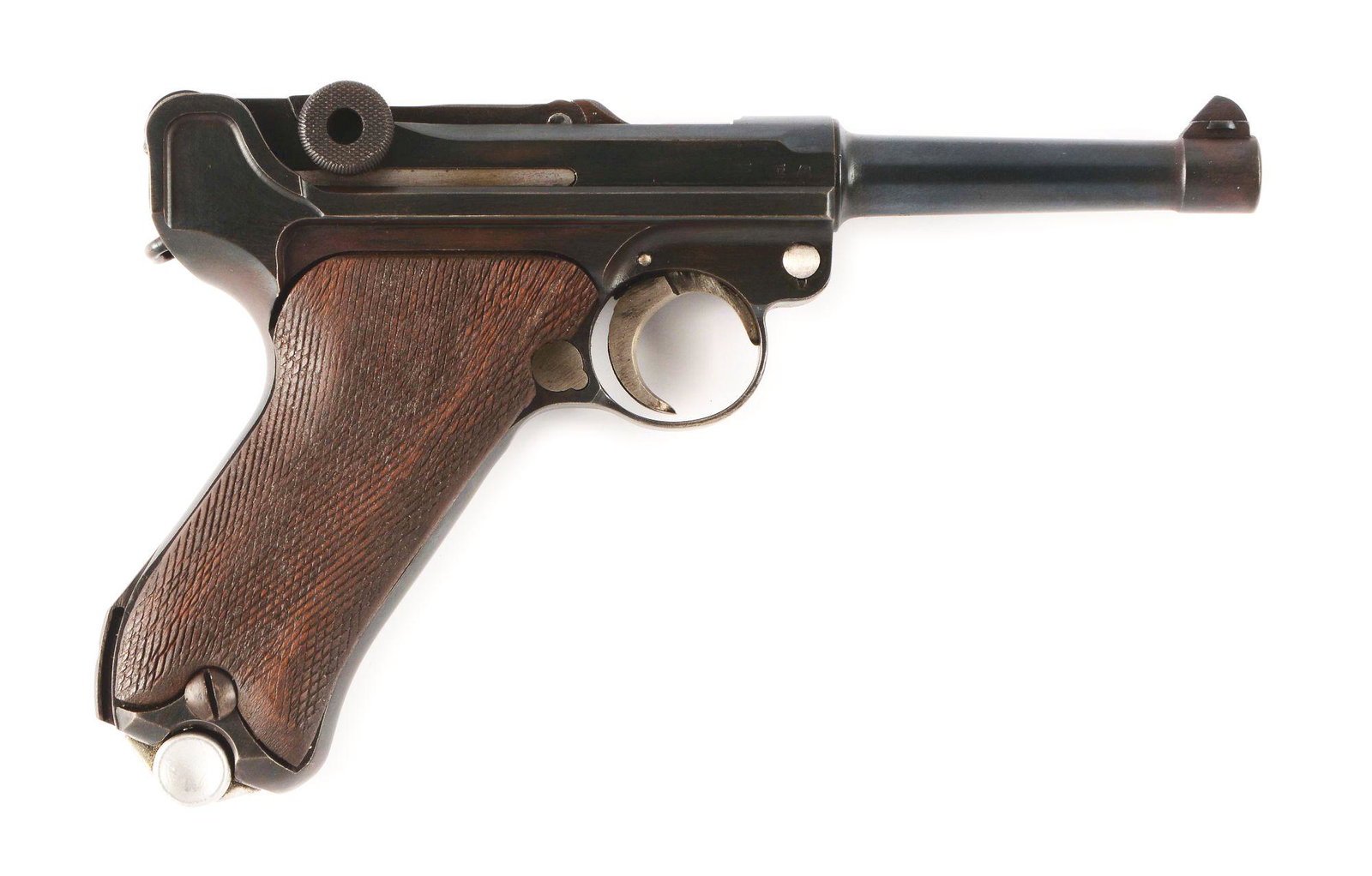 (C) MAUSER S/42 CODE G DATE P.08 LUGER SEMI AUTOMATIC: Mauser S/42 Code "G" date P.08 Luger semi automatic pistol. Made 1935 by Mauser. "S/42" marked toggle. No import marks found. All visible serial numbers including the magazine, are matching. Pre war G