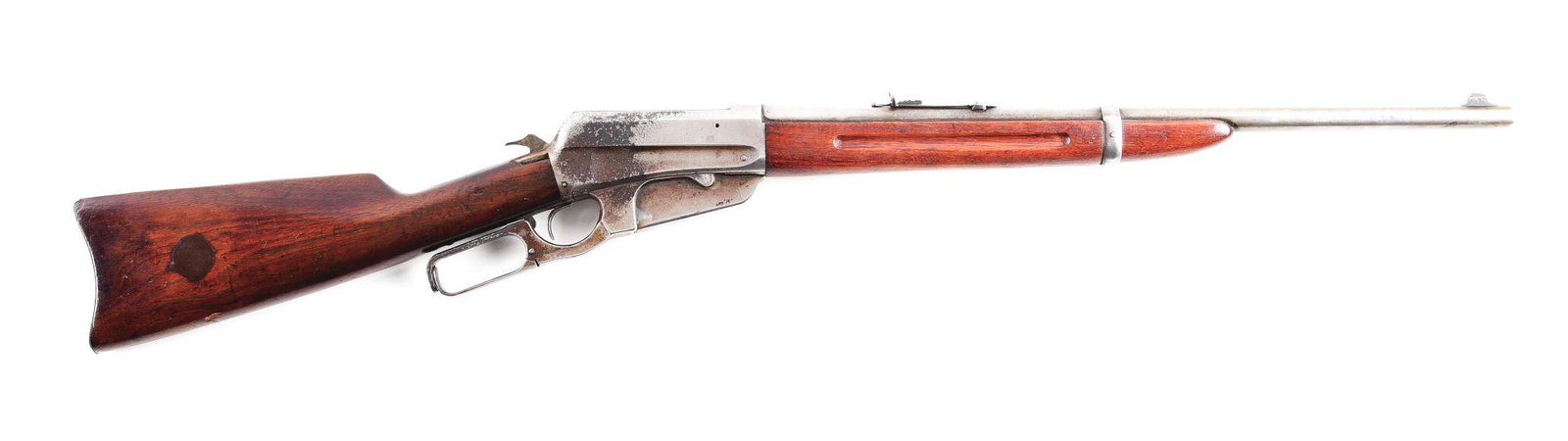 (C) WINCHESTER MODEL 1895 LEVER ACTION CARBINE.: 1903 vintage Winchester Model 1895 lever action carbine, serial number 36146B. 22" round barrel chambered in .30-40 Krag (.30 U.S.) with semi-buckhorn rear sight and ramped blade front. 2 piece plain 